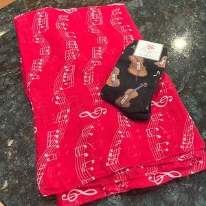 Red viscose musical notes scarf & cello socks great gift for musicians